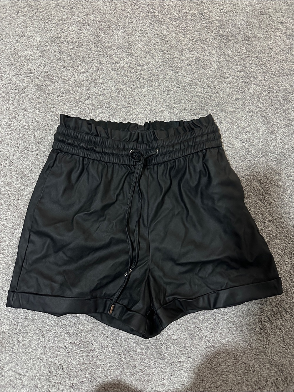 Women's Black Faux-Leather Drawstring Shorts- Zenana